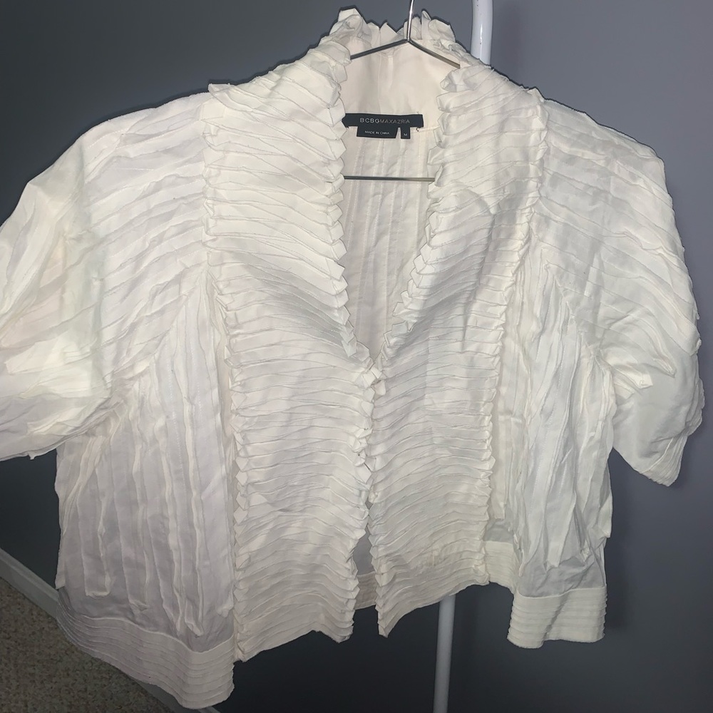 Beautifully detailed BCBG Blouse! Feather + button details make shirt unique.